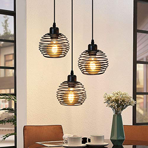 ZMH Vintage Black 3 Light Pendant Light with Cage E27 | Industrial Metal Design with 120cm Adjustable Cord for Dining Room Bulbs Not Included