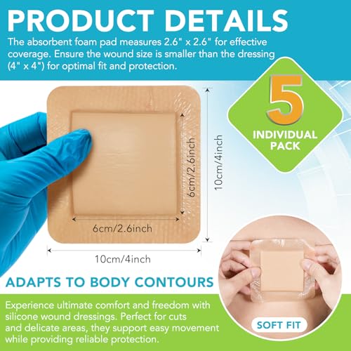 Silicone Border Silver Foam Dressing (4"x4") - 5 Pack | Antimicrobial Wound Care with Ag+ Technology | Absorbent, Water-Resistant & Skin | OTC Medical Foam Dressing
