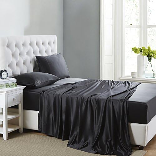 OOSilk 4 PCs 100% Mulberry Charmeuse Silk Bed Sheet Set Seamless Deep (Cal King, Black)
