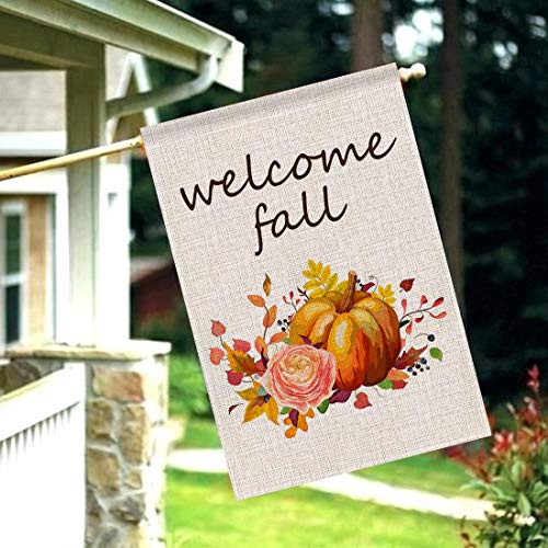 seogol Welcome Fall Flag Pumpkin Garden Flag 12.5 x 18 Double Sided Fall Autumn Harvest Yard Flag Seasonal Halloween Thanksgiving Holiday Outdoor Decorative for Home Garden Yard Lawn Patio