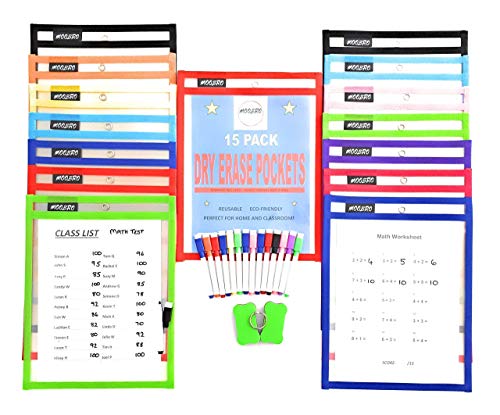 Dry Erase Pockets 15 pcs Oversize 10"x13" Reusable Heavy Duty Write and Wipe Sleeves 15 PENS with Bonus 2 Large ERASERS Perfect to Keep Home School Work Classroom and Teaching Supplies Organized