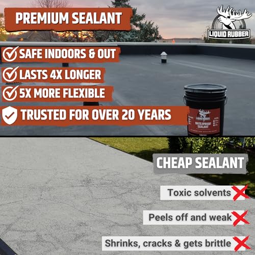 Liquid Rubber Waterproof Sealant – DIY Leak Repair Coating for Flat, Metal & Low Slope Roofs, Foundations, Gutters & More – Flexible Protective Membrane - Black - 5 Gallon