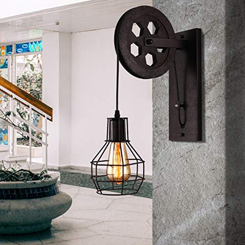 BAYCHEER 1 Light Wall Sconce Keyed Socket Pulley LED Industrial Wall Sconces Retro Wall Lights Fixture for Indoor Lighting Barn Restaurant in Rust Finished - Thumbnail 4