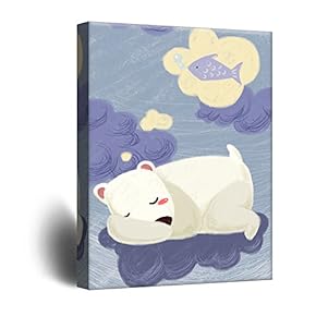 Cute Cartoon Animals Canvas Wall Art - A Sleeping Polar Bear Dreaming of Fish - Giclee Print Gallery Wrap Kid