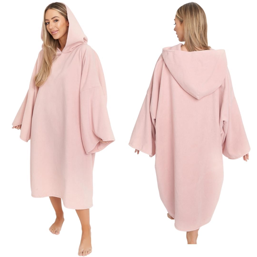 Brentfords Towel Poncho Adult Hooded Large Bath Swimming Surf Beach Absorbent Microfiber Changing Robe for Women Girls Quick Dry, Blush Pink, One Size