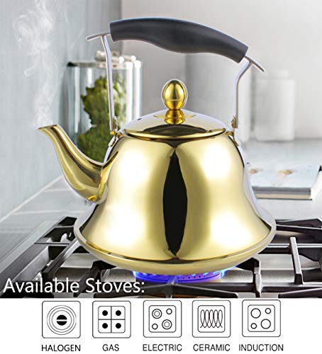 Whistling Tea Kettle with Infuser for Loose Leaf Tea Stainless Steel Modern Whistle Teapot Teakettle Stovetop Induction Gas Stove Top Tea Maker Water Pot Gold 2 Quart/Liter - Thumbnail 4
