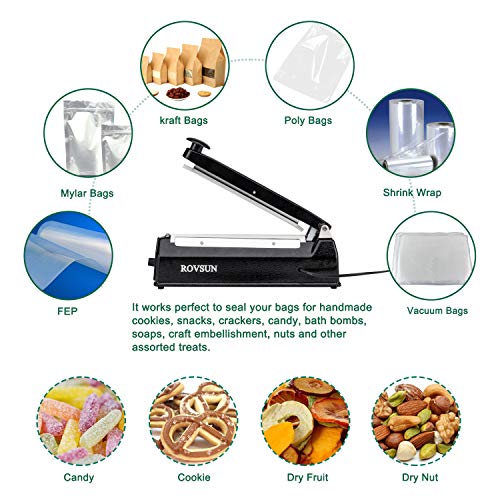 ROVSUN 8 Inch/200mm Manual Impulse Heat Sealer Machine Plastic Shrink Wrap Cellophane Poly Mylar Bags Sealing Closer with Two Replacement Kits, Black
