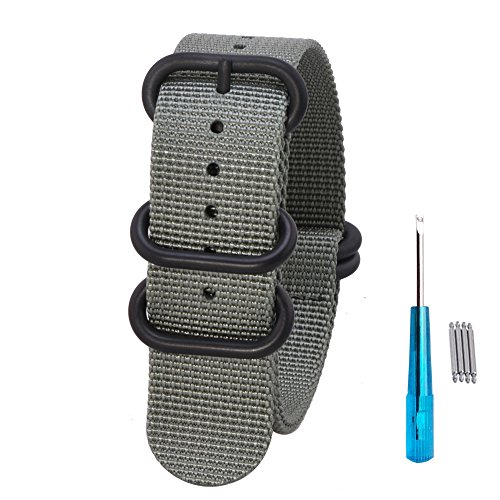 Randon Watch Bands NATO Straps 1.5mm Thickness Quality Heavy Duty Ballistic Nylon Strap with Black Stainless Steel Buckle (Smoke Gray, 20mm)