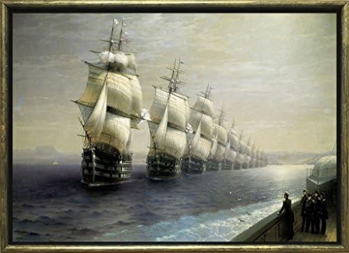 Startonight Luxury Framed Art Gold Aivazovschy Parade of the Black Sea Fleet in  1849  Reproduction Dual View Surprise 27.56 Inch By 39.37 Inch Famous Collection Wall Art