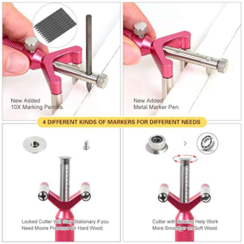 Newkiton Wheel Marking Gauge Curve Scriber with Micro Adjust Function, 1 Bearing Wheel Cutter, 1 Locked Wheel Cutter, 1 Metal Marking Pen, 10 Marking Pencils, 1 Screwdriver Included