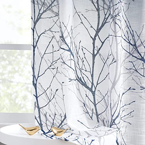 FMFUNCTEX Tree Branch Print Back Tab Curtain 84inch Linen Textured Blue