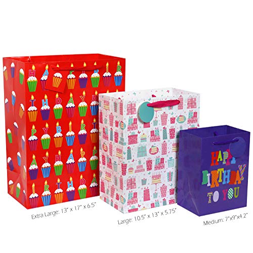 Fzopo Kids Birthday Gift Bag Assortment, Heavy Duty Paper Gift Bags, Red, Blue, Purple, Yellow, Brown (Pack of 12 Small, Medium, Extra Large Bags for Birthdays, Kid Party, Children's Day) - Thumbnail 6