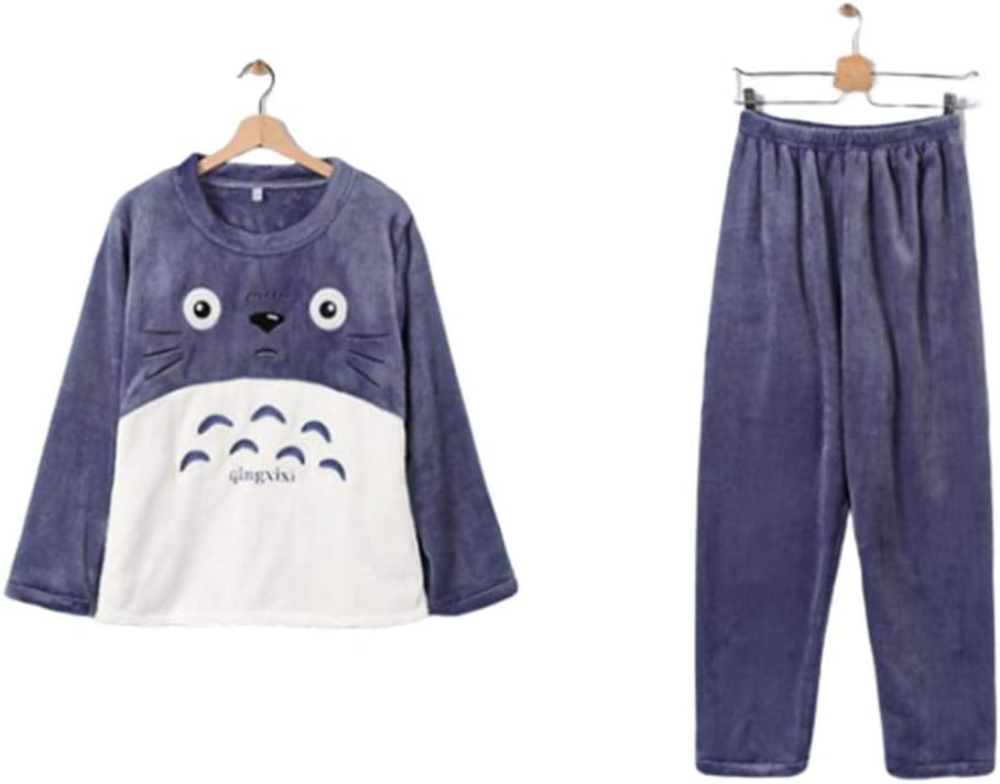 Women's Pyjama Sets,Autumn and Winter Pjs Warm Girl Sleepwear Pants Long Sleeve Coral Flannel Cartoon Totoro Round Neck Nightwear