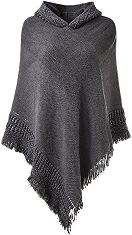 Sefilko Lady's Knitted Tassels Hooded Shawl Poncho Cape with Fringed Hem for Women