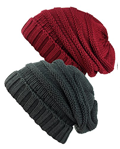 NYFASHION101 Oversized Baggy Slouchy Thick Winter Beanie Hat - 2 Pack, Burgundy/Melange Gray