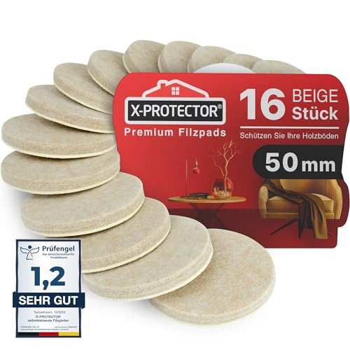 X-Protector Filzgleiter 16 Stück 50 Mm - Prämie Möbelgleiter Beige - Dicker Filz Selbstklebend - Bodenschoner Für Stühle - Große Menge An Filzgleiter Selbstklebend - Schützen Sie Ihre Holzfußböden