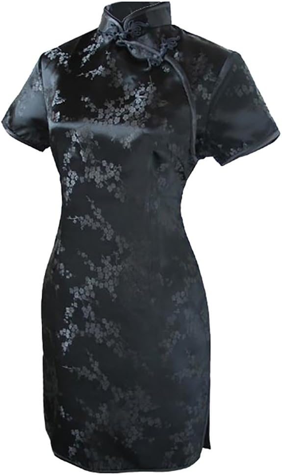 7Fairy Women's Sexy Black Floral Mini Chinese Evening Dress Cheongsam