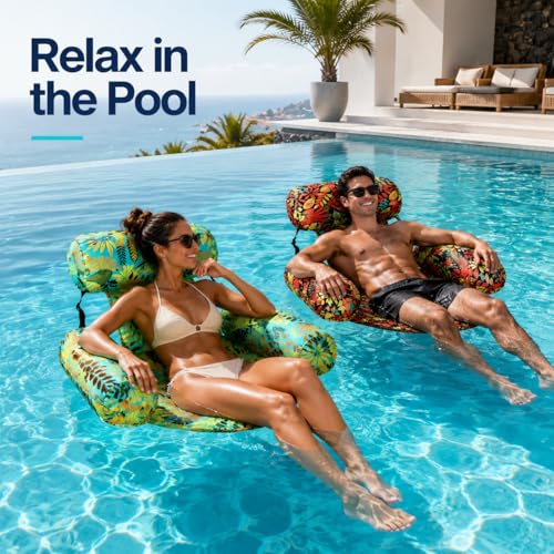 Adult Pool Float Chairs, 2-Pack Inflatable Water Lounge Seats with Air Pump for Pool, Lake, Beach and Summer Party Fun