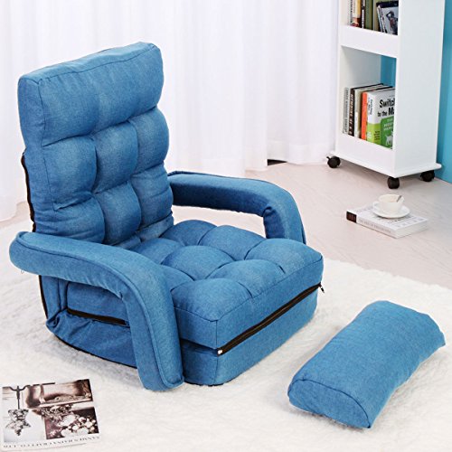 Blue Adjustable Folding Lazy Sofa Floor Chair Sofa Lounger Bed w/ Armrests & Pillow For Leisure