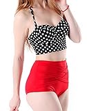 HDE Women Vintage 50s Pinup Girl Rockabilly High Waist Retro Bikini Swimsuit Set (Polka Dot Bustier with Red Bottom, Large)