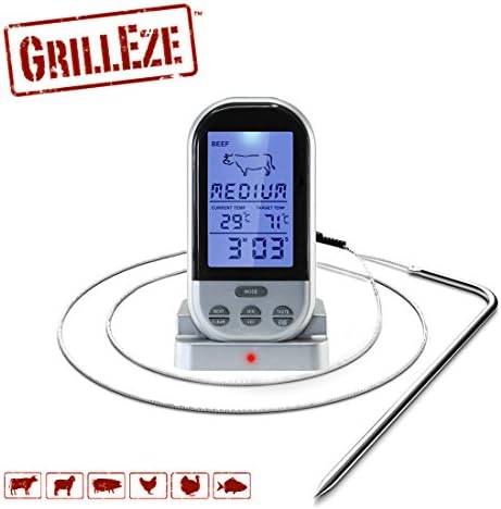 GrillEze Wireless Quick-Read, Stainless Steel Meat Thermometer &amp; Timer