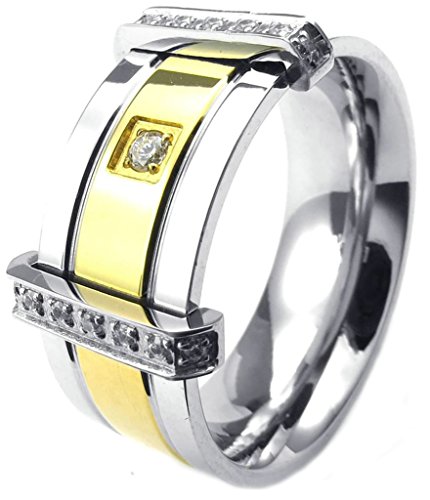 Gnzoe Jewelry Mens Stainless Steel Wedding Rings Inlay White Cubic Zirconia Gold Silver
