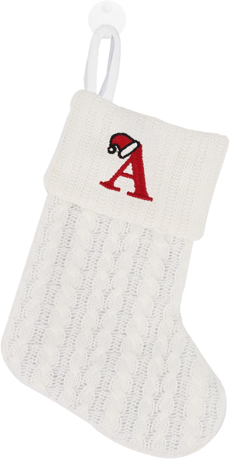 Stockings & Holders - OJCHRLKF 7 Inches Mini Cute Initial Monogram Embroidered Christmas Stocking Knitted Christmas Decorations Stocking Red,White,Green Knit Mini Stocking Christmas Decorations-58-A-White