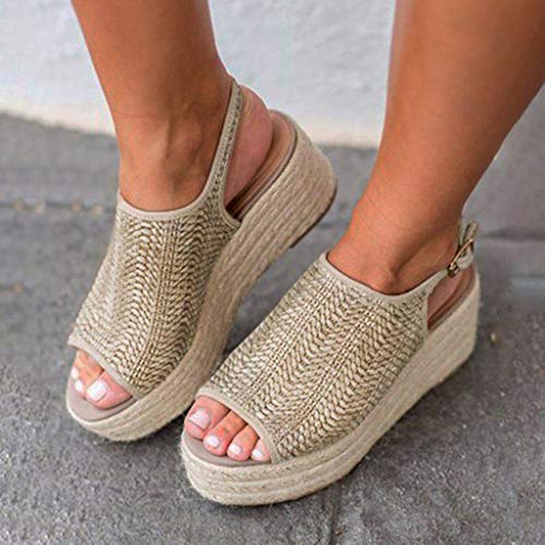 Women Platform Wedge Sandals Casual Espadrilles Open Toe Ankle Thick Heel Roman Ladies Shoes Beige