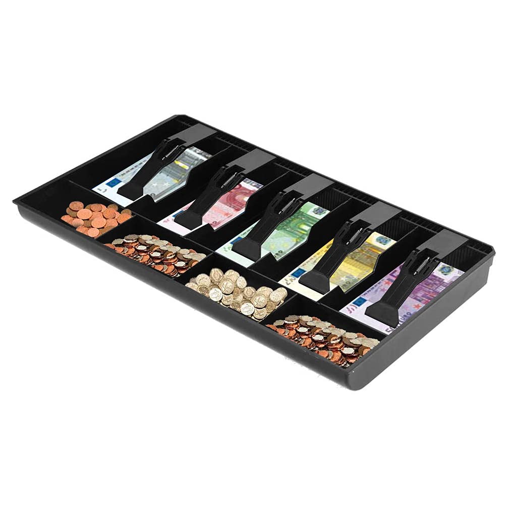 Cash Register Drawer, 16Inch Cash Box Cash Drawer Register Insert Tray Replacement with 5 Grids and 4 Coin Boxes Design for Supermarket, Bar, Coffee Shop, Restaurant(Black)