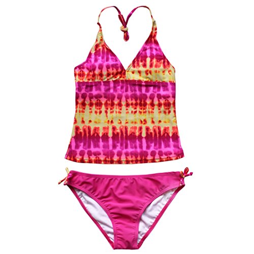 FEESHOW Big Girls Tie-Dye Swimsuit 2 Piece Halter Tankini Swimwear Bathing Suit Size 10 Pink