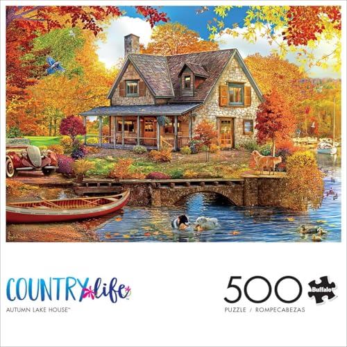 Buffalo Games - 500 Piece Jigsaw Puzzle - Autumn Lake House - Challenging Fall Scene Puzzles for Adults - Finished Size is 26.75 x 19.75