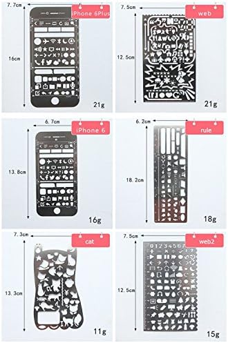 6 Improved 11MM Cut Hole Stainless Steel Bullet Journal Stencil Set Metal Planner Stencil with Pouch for Journaling, Scrapbooking, Card and Art Projects