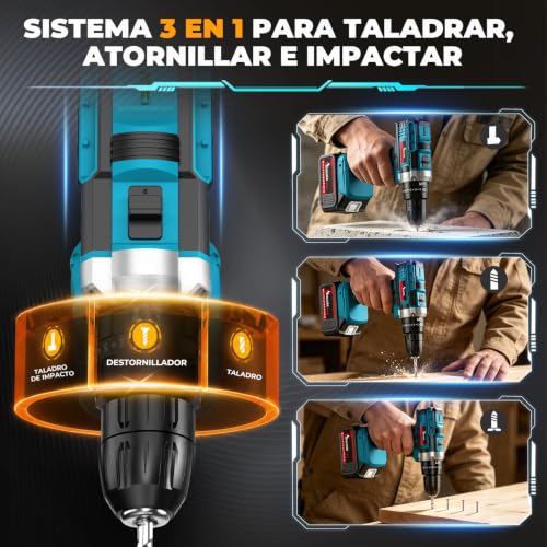 Taladro Inalámbrico y Pistola de Impacto, Kit Profesional de Herramientas Eléctricas 2 en 1, 750 N.M, Ajuste de Par de 25+3, Motor Sin Escobillas, para ReparacióN de AutomóViles y Muebles, Perforación