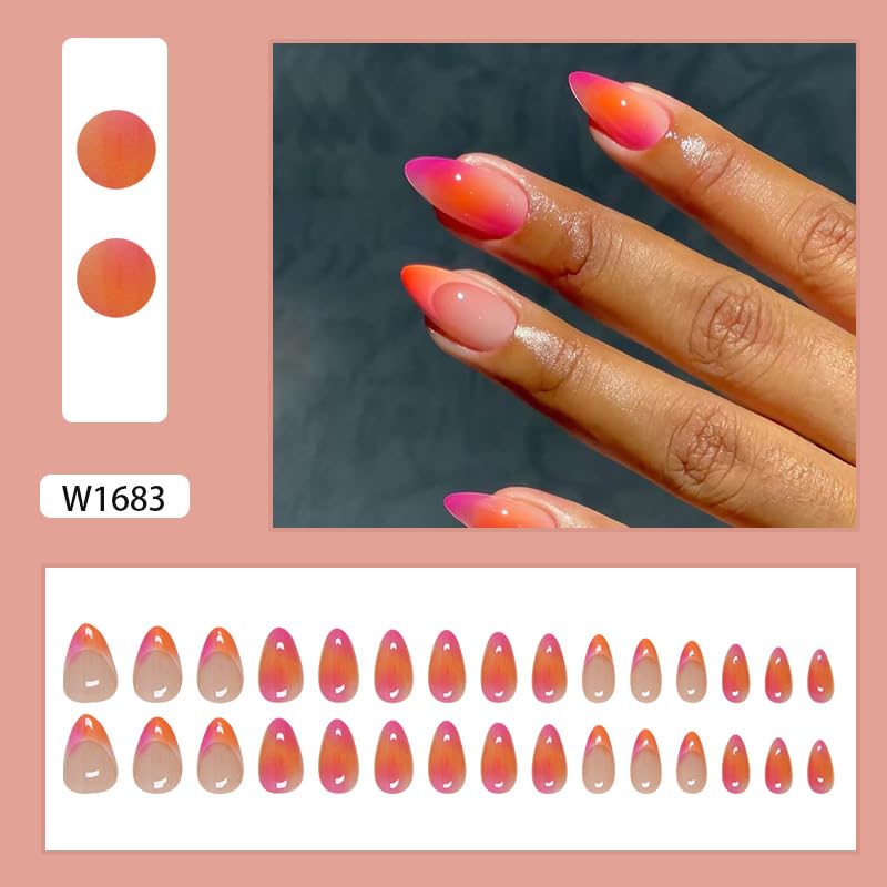 Almond Press On Nails Short Ombre Fake Nails Pink Orange Gradation Nails Press Ons French Acrylic False Nails With Artificial Glossy Designs Full Cover Glue On Nails For Women Girls - Image 5