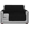 Sofa Shield Chair Slip Cover with Patented Strap, Cushion Protector, Reversible Stain and Dog Tear Resistant Slipcover, Quilted Microfiber 48” Seat, Washable Covers for Dogs Pets Kids, Black Gray