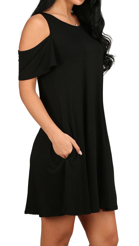 Women\'s Basic Tunic Tops Cutout Shoulder Flared Hem Dress with Pockets Black L