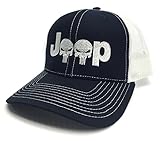 Jeep Logo With Punisher Skull Symbol Embroidered Mesh/Twill Cap (Navy/White)