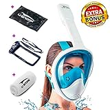 Snorkel Mask Full Face for Kids and Adults - Anti-Fog and Anti-Leak Easybreath Snorkeling Gear - Dive Scuba Mask with 180 Panoramic View and 4 Bonus Items as Snorkel Set (White-Blue, S/M)