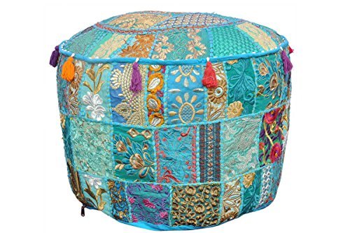 Indian Living Room Pouf, Foot Stool, Round Ottoman Cover Pouf,Traditional Handmade Decorative Patchwork Ottoman Cover Turquoise Colour,Indian Home Decor Cotton Cushion Ottoman Cover 13x18''By MyCrafts
