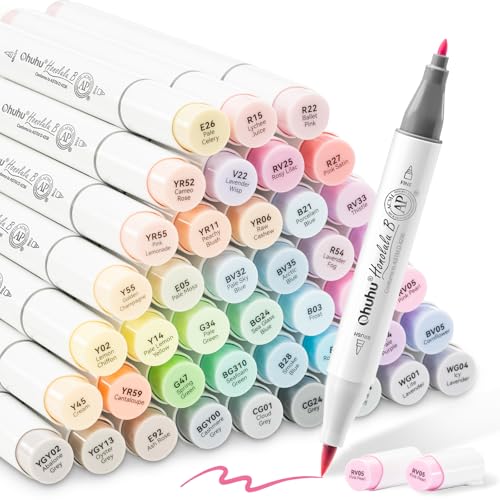 Ohuhu Marcadores Pasteles Punta Pincel, Marcadores Alcohol Doble Punta para Artistas Adultos Colorear Ilustración, 48 Colores Pastel +1 Mezclador + Estuche, Punta Pincel y Fina