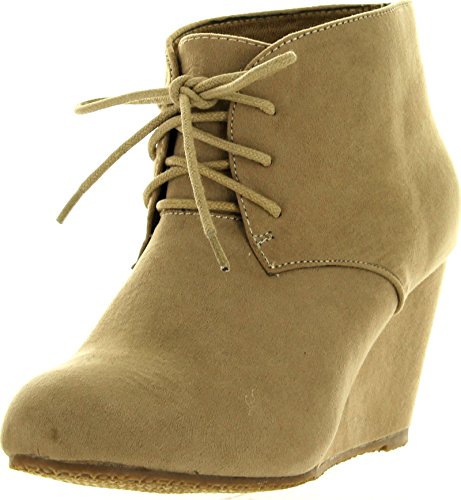 Anna Sally-5 Womens Adorable Almond Toe Lace Up Wedge Ankle Bootie,Taupe,8.5