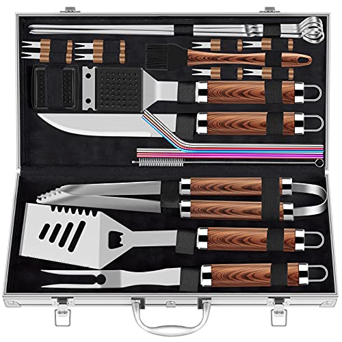 ROMANTICIST 25pcs Extra Thick BBQ Grill Accessories, Father's Day Grilling Gifts Set for Men Dad, Heavy Duty Grill Tools Utensils Kit with Spatula, Tongs in Aluminum Case for Birthday Brown