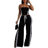 Lingt Chic Women's 2 Piece Summer Outfits Strapless Striped Crop Top & High Waist Wide Leg Pants Set Casual Outfit
