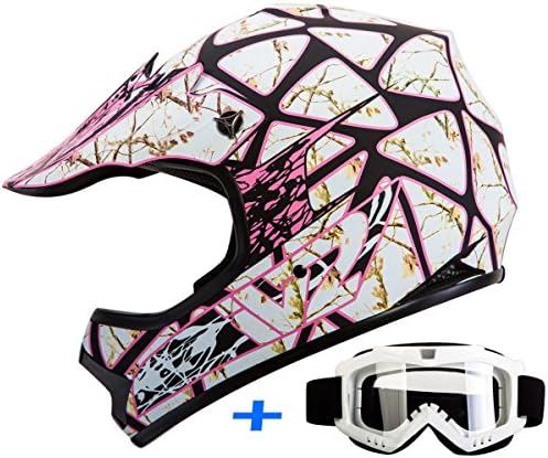 Youth Kid Motocross Motorsport ATV UTV Dirt Bike Helmet Goggles Combo Deal DOT (L, RealTree Pink)