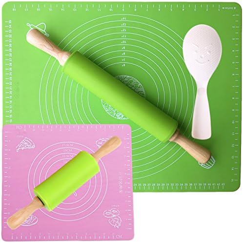 Rolling Pin - Usparkle Nonstick Silicone Rolling Pin 16.9'' - Thick Large Silicone Pastry Mat 15.7'' X 19.7'' with Kids Size Rolling Pin and Pink Mat for Baking and Rolling Dough- Gift a Rice Spoon