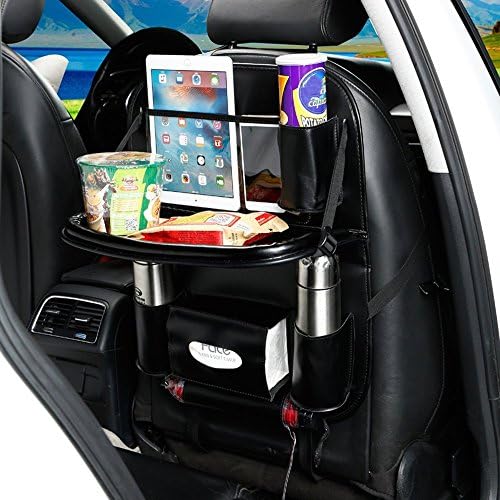 YOANKU Car Backseat Organizer with Dining Table - PU Leather Auto Back Seat Pocket Storage Bag Tray Foldable Car Tablet Holder (1 Pack, Black)