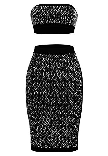 Women Sequin Dress Suit - Sexy Strapless Tube Crop Top Midi Skirt Set Two Piece Party Club Outfit Black S