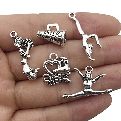 50 PCS Cheerleader Charms Collection, Cheer and School Spirit Gymnastics Girl Pom Girl Love Cheer Jumping Cheerleaders Charms, Silver Tone (HM163)