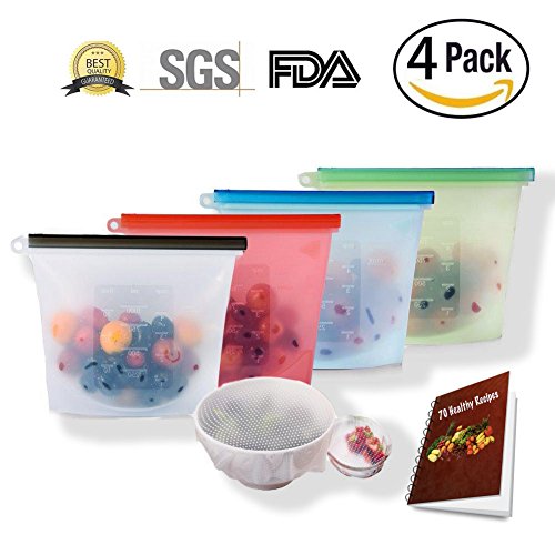 Premium Reusable Silicone Food Bags, Quart w/ FREE Silicone Food Wrap and Healthy Recipe E-Book! Reusable Sandwich Bags, Airtight Leakproof Seal, Versatile Cooking Bag Freeze, Steam, Heat, Microwave