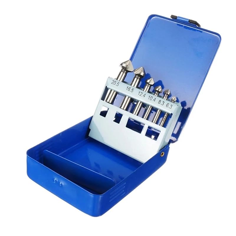 6pcs HSS 90 Degree Countersink Drill Bits Set (6.3, 8.3, 10.4, 12.4, 16.5 & 20.5mm) for Metal and Woodworking Chamfering Cutter Bits & Blue Tin Case